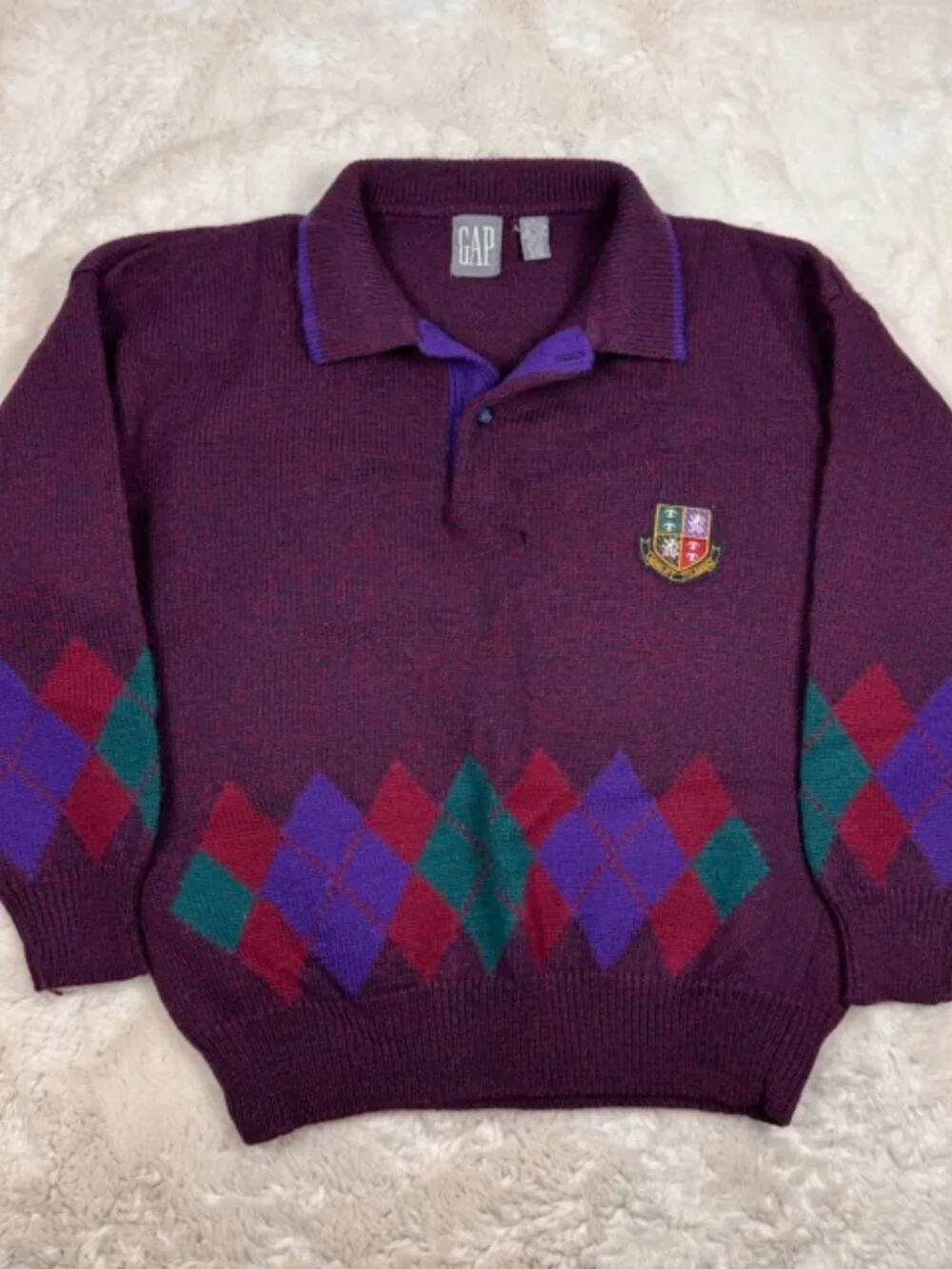 Vintage Gap Sweater L Purple Wool Polo World Classic Patch Argyle Trim Old Money